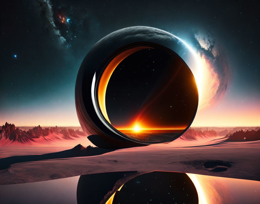 Surreal landscape with glossy spherical object, celestial sunrise, jagged mountains, starry sky