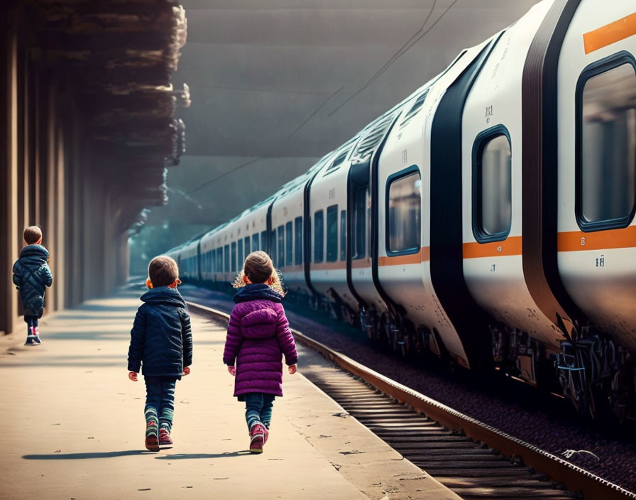 Children walking beside stationary train in sunlight-filtered station.