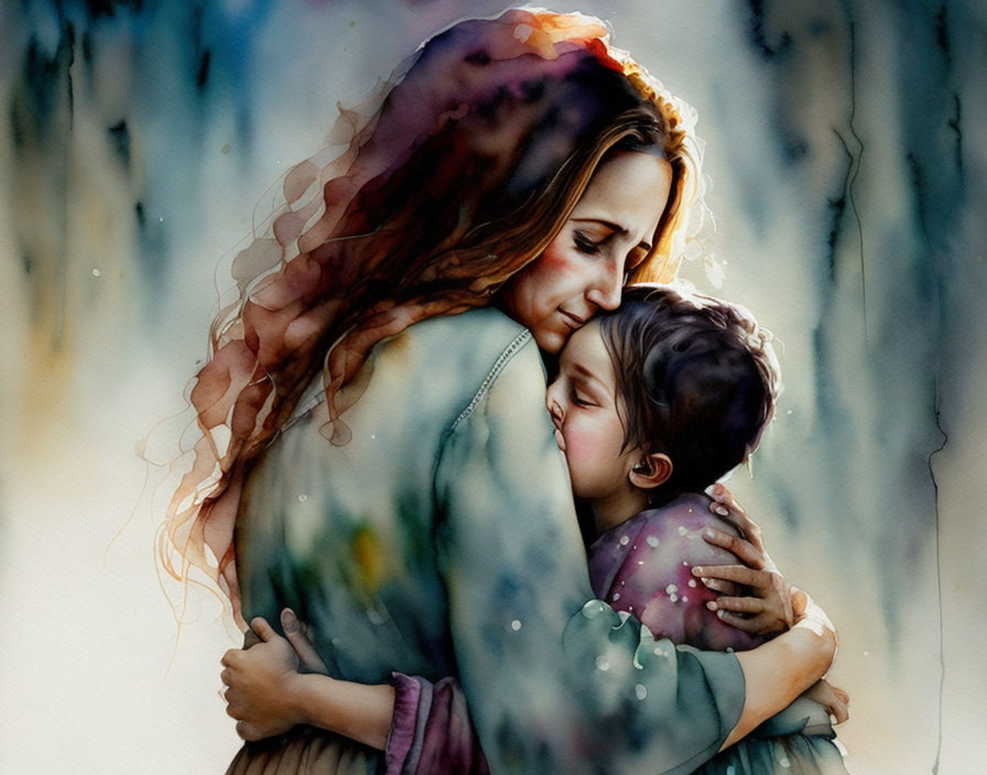 Watercolor painting: Woman and child in tender embrace