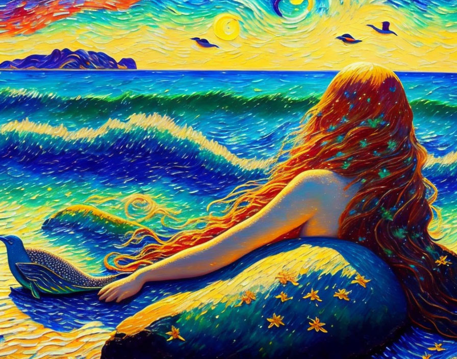 Colorful seascape with red-haired mermaid in Starry Night style