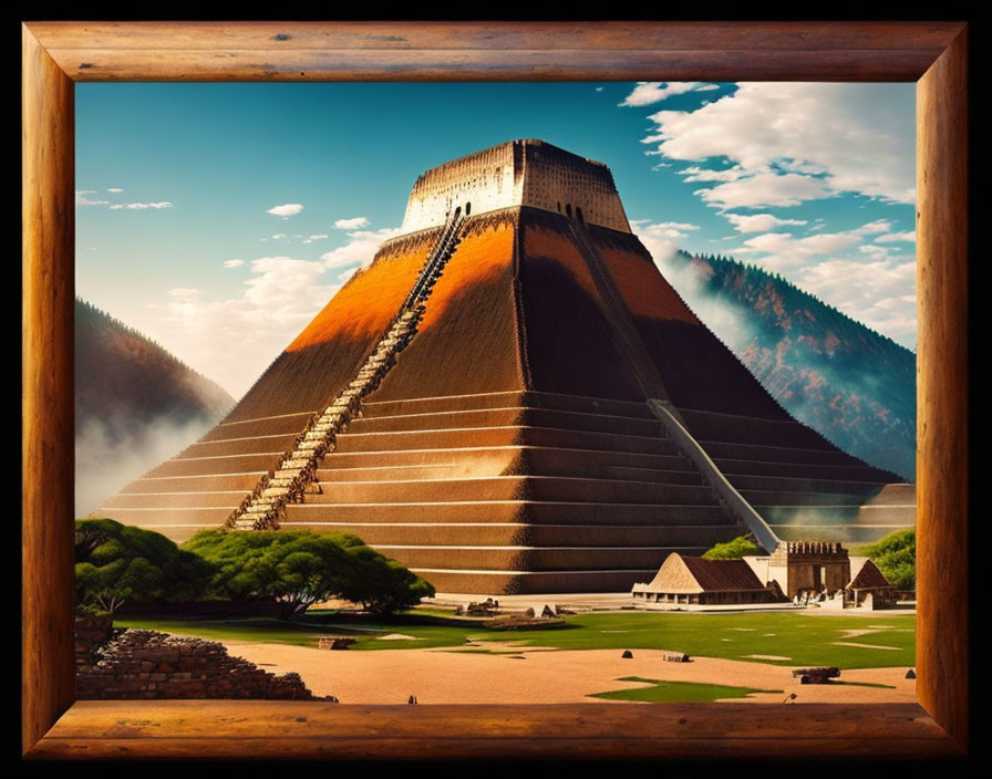 Ancient Mesoamerican pyramid surrounded by smaller structures in artwork