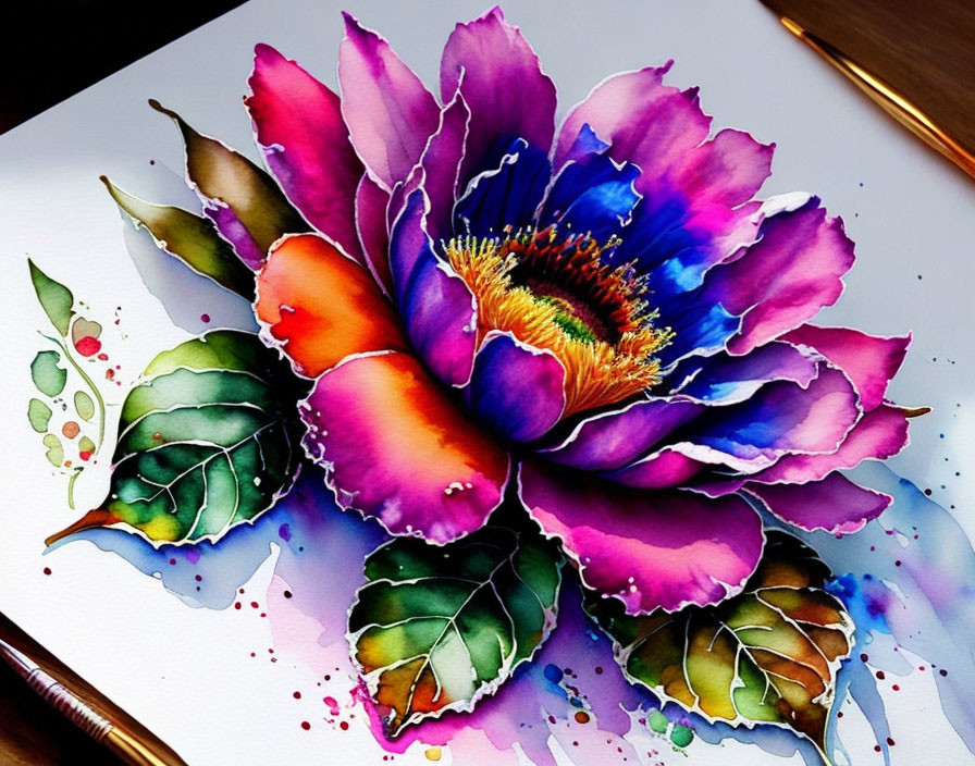 Colorful Watercolor Painting of Large Flower on White Background