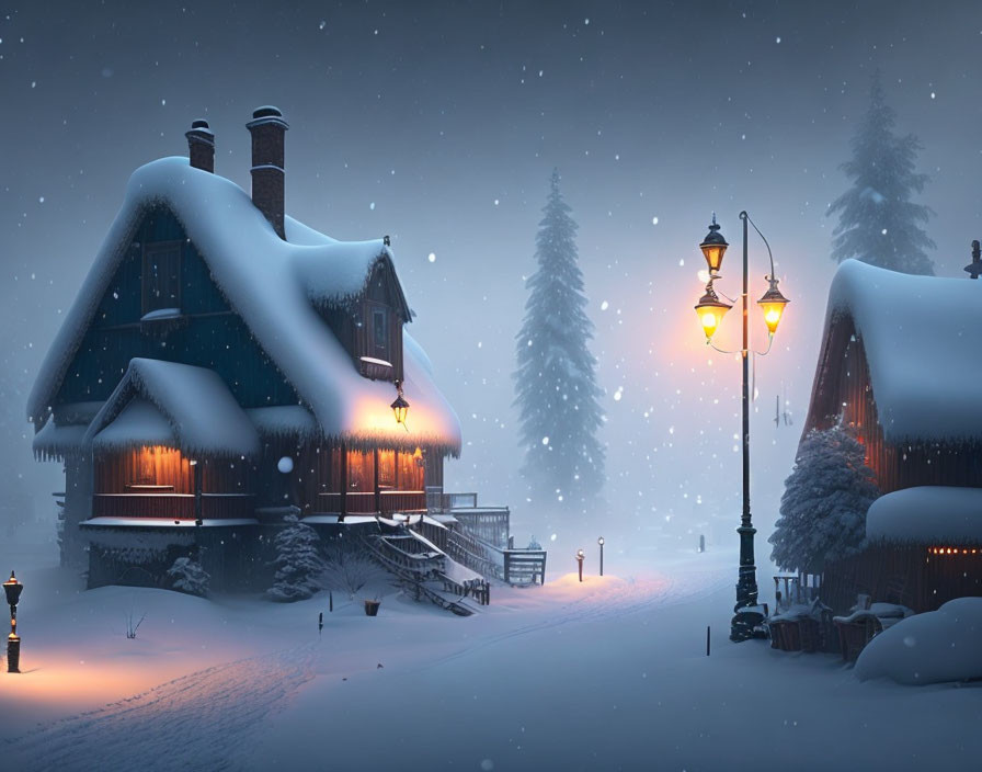 Tranquil Snowy Evening: Snow-covered Houses and Illuminated Windows