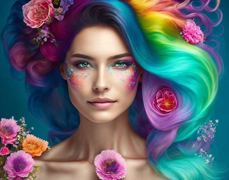 Vibrant Rainbow-Colored Hair Woman with Flowers and Glitter Makeup on Teal Background