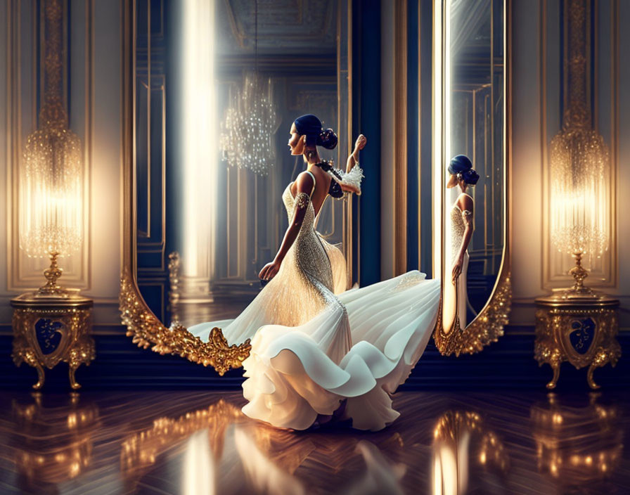 Elegant woman in white and gold dress admires reflection in grand hall