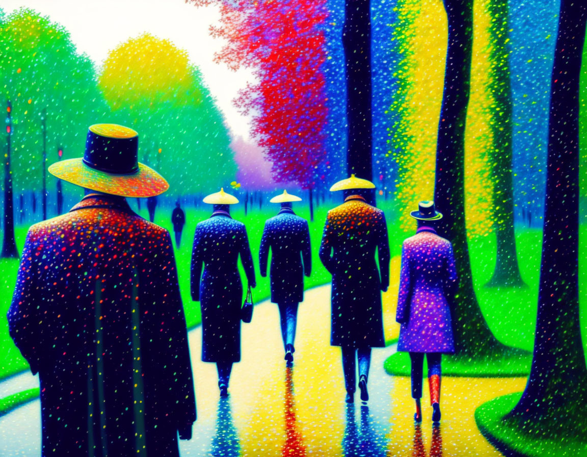 Group of Five People Walking on Colorful Tree-Lined Path in Multicolored Rain