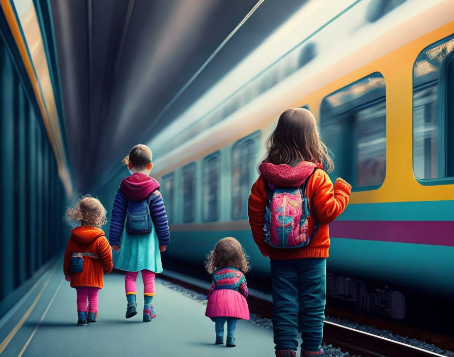 Four children watching colorful train pass by on platform