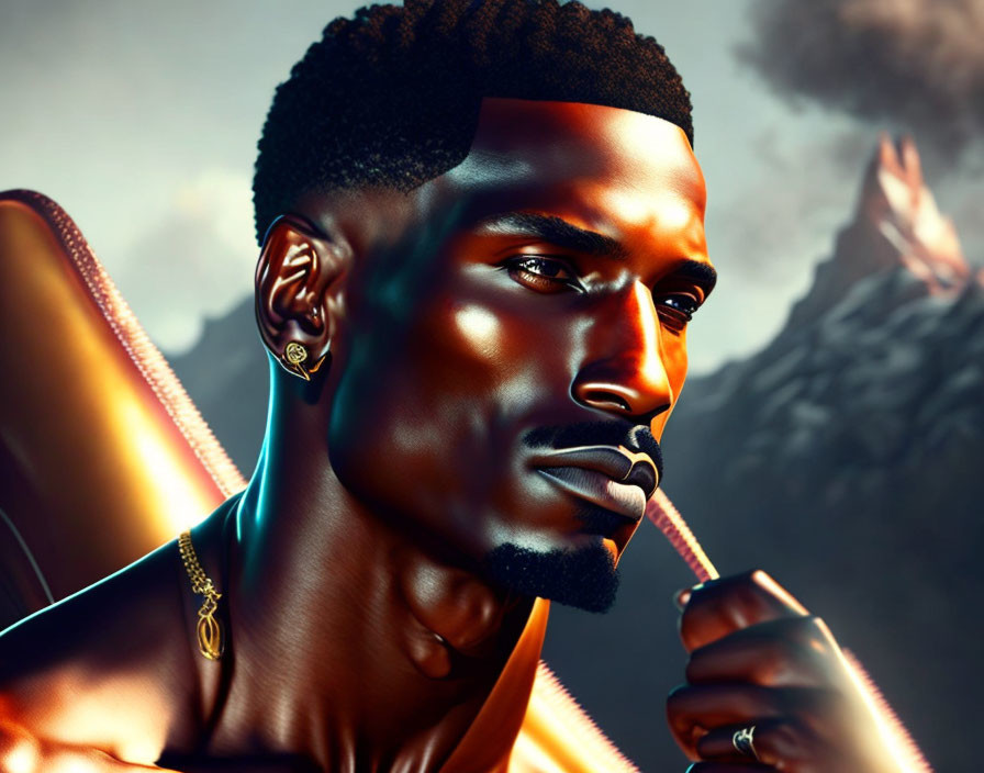 Stylized illustration of contemplative Black male with golden skin and hawk in dynamic skies