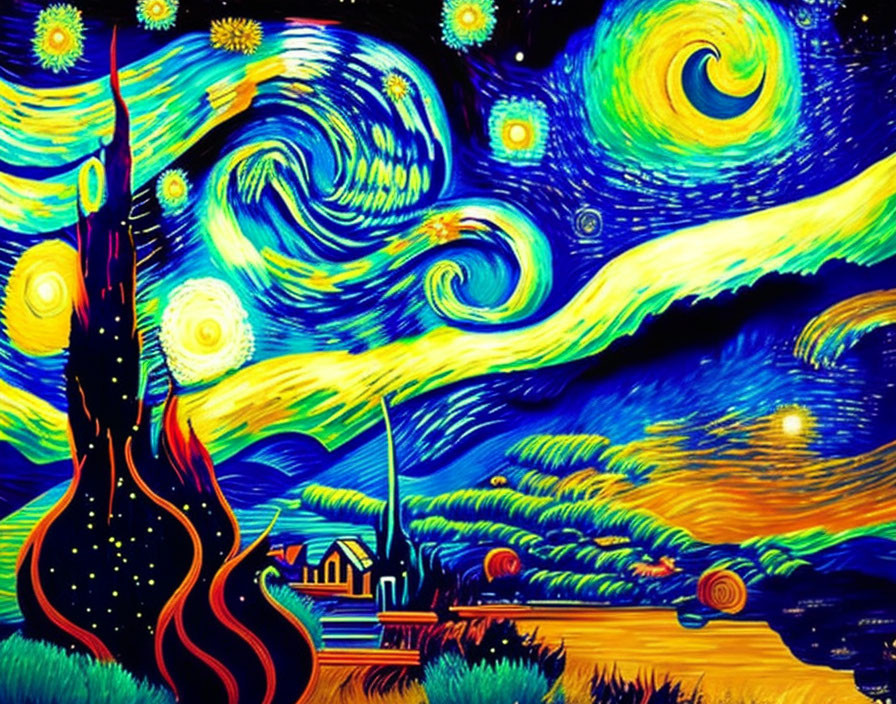 Colorful rendition of swirling stars, cypress tree, and peaceful town under dynamic sky