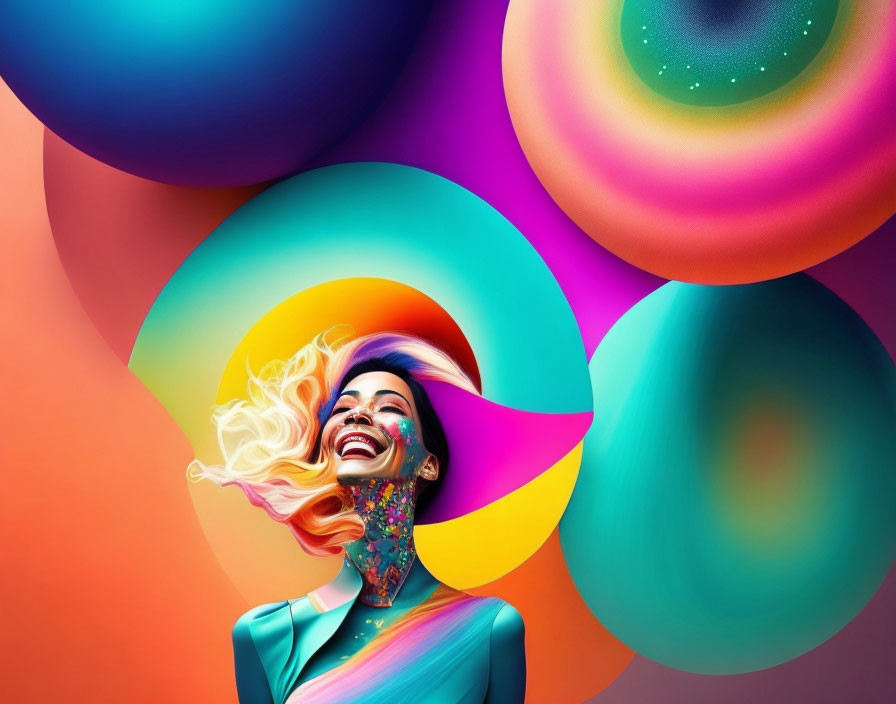 Colorful abstract artwork: Woman laughing surrounded by vibrant shapes and colors