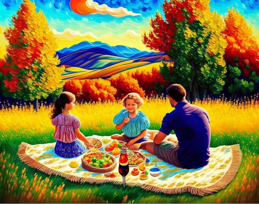 Colorful Family Picnic Painting in Fall Landscape