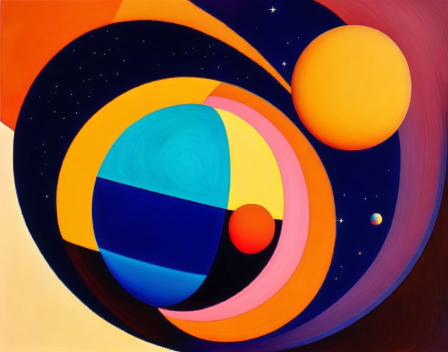 Vibrant concentric circles and celestial bodies in abstract digital artwork