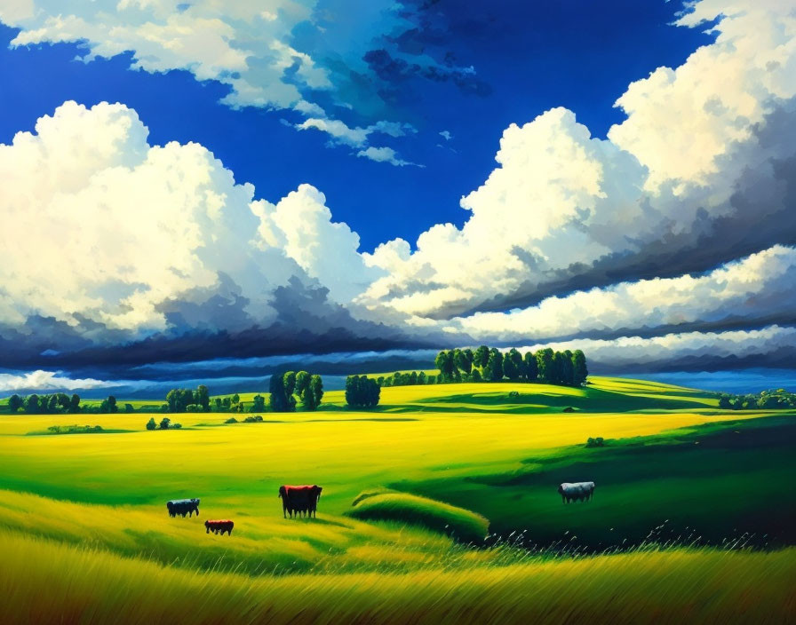 Vibrant landscape painting with green fields, dynamic sky, fluffy clouds, and grazing cows