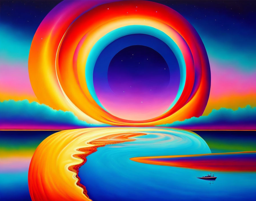 Vibrant surreal landscape with rainbow rings, reflective water, and sailing boat