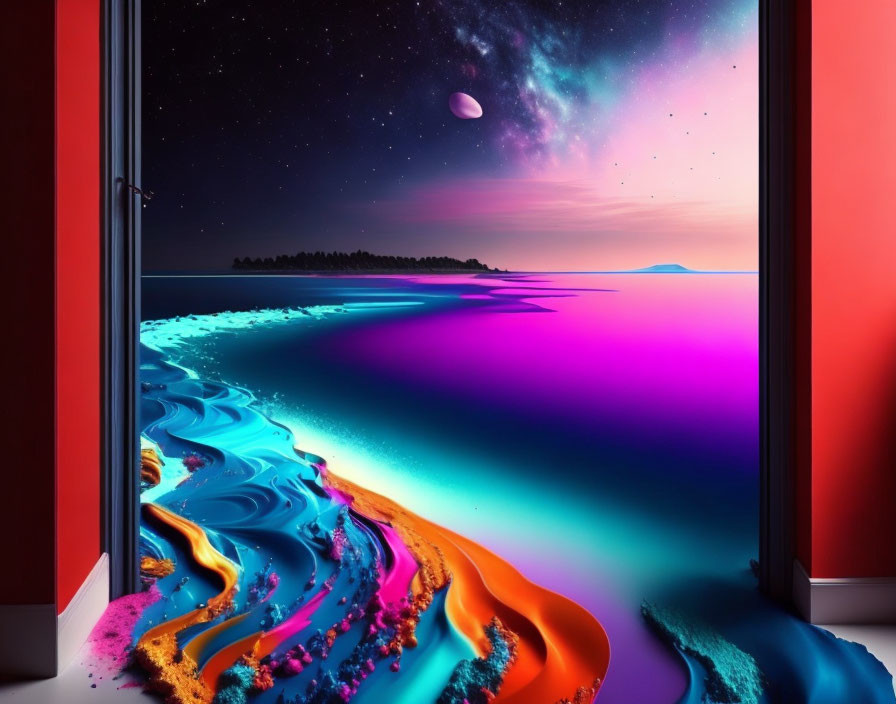 Digital landscape featuring starry night sky, neon-lit beach, and ocean.