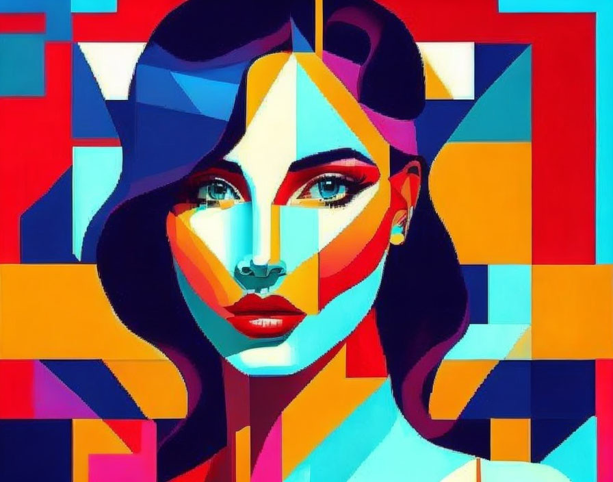 Colorful Abstract Portrait of Woman with Geometric Shapes