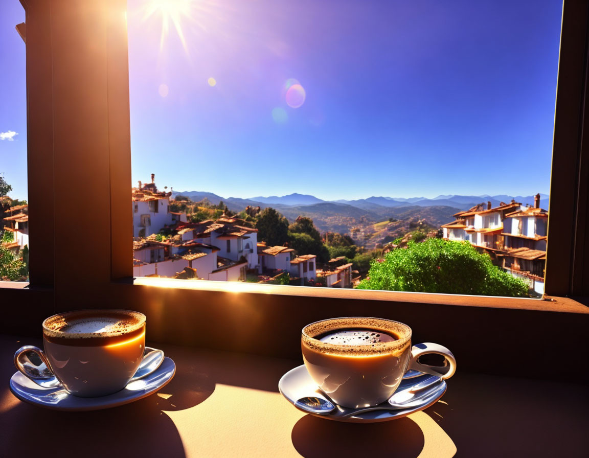 Scenic view: Two coffee cups on windowsill with village and mountain backdrop