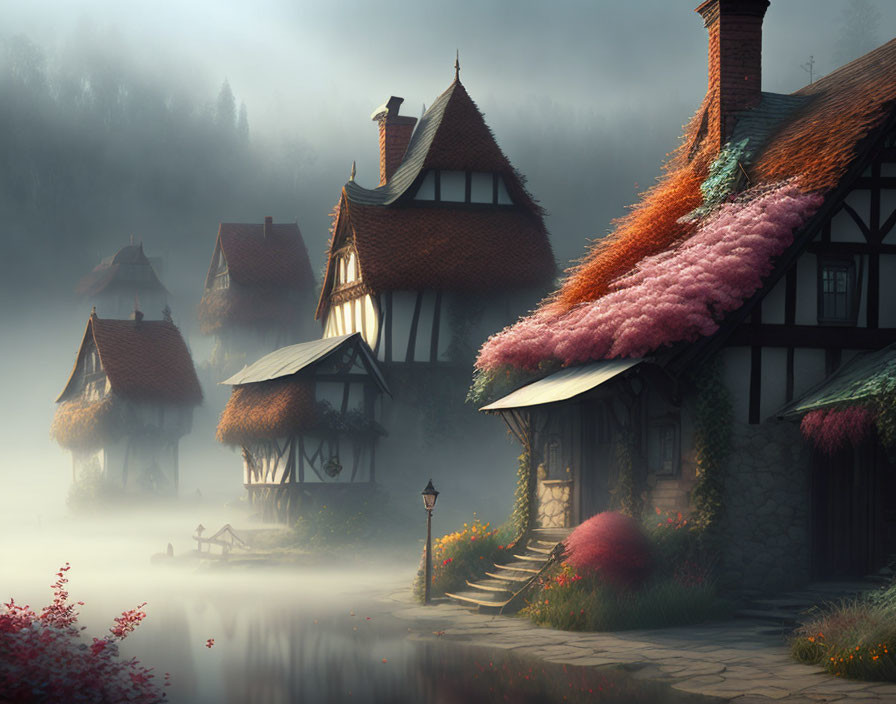 Quaint Tudor-style village with moss-covered roofs in mystical fog