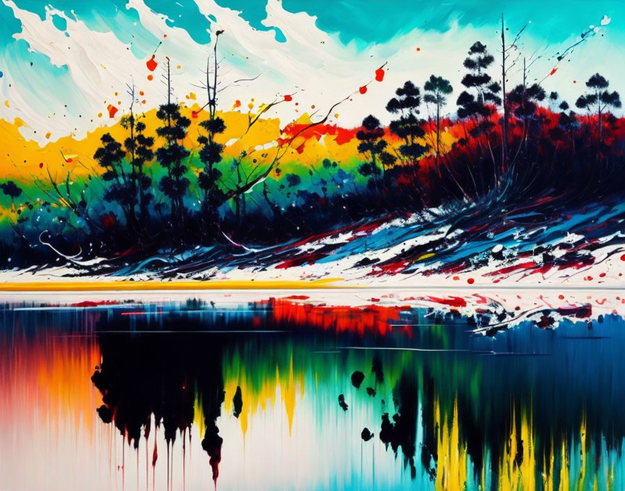 Colorful Abstract Artwork: Trees Reflection in Water with Red, Yellow, and Blue Splatter