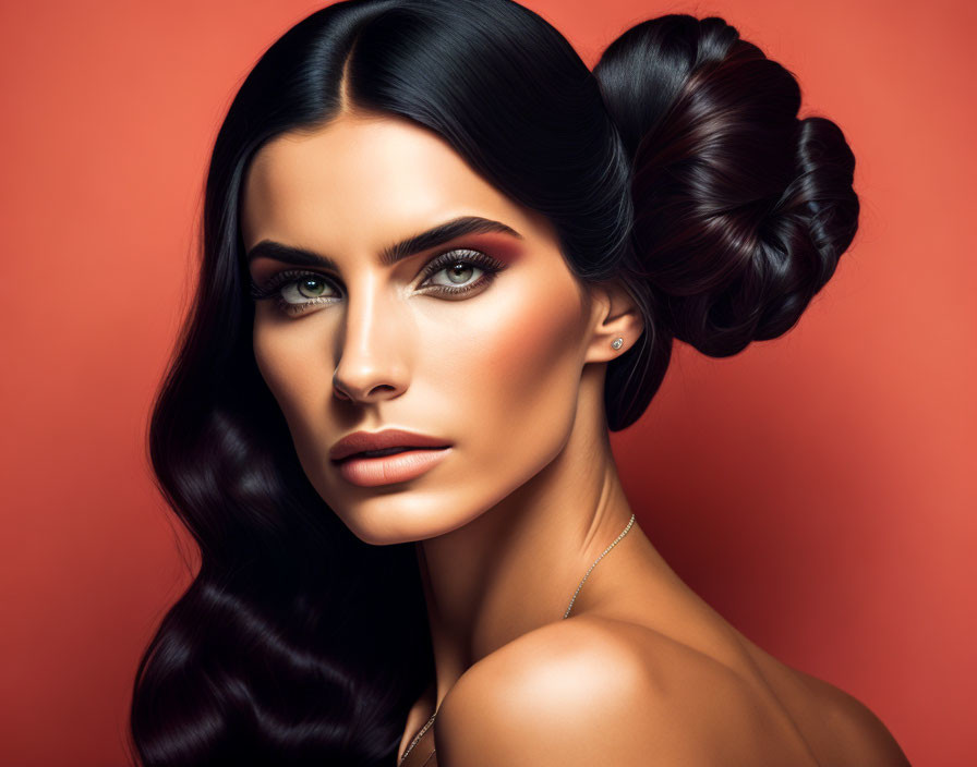 Woman with sleek bun and dark wavy hair on red background