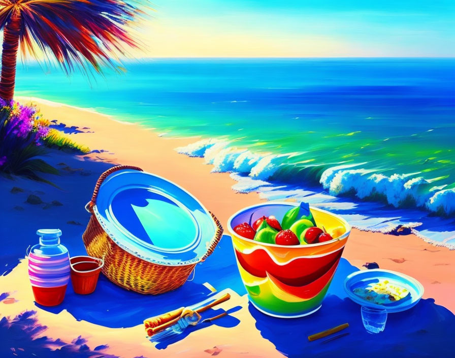 Tropical beach picnic with hat, fruits, and palm tree by the sea