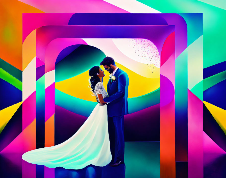 Wedding couple embraces in vibrant, abstract archway