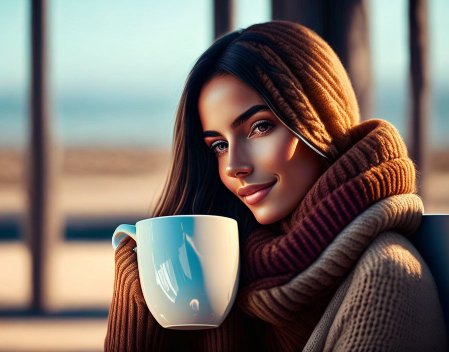 Smiling woman in warm scarf holding white cup in cozy setting