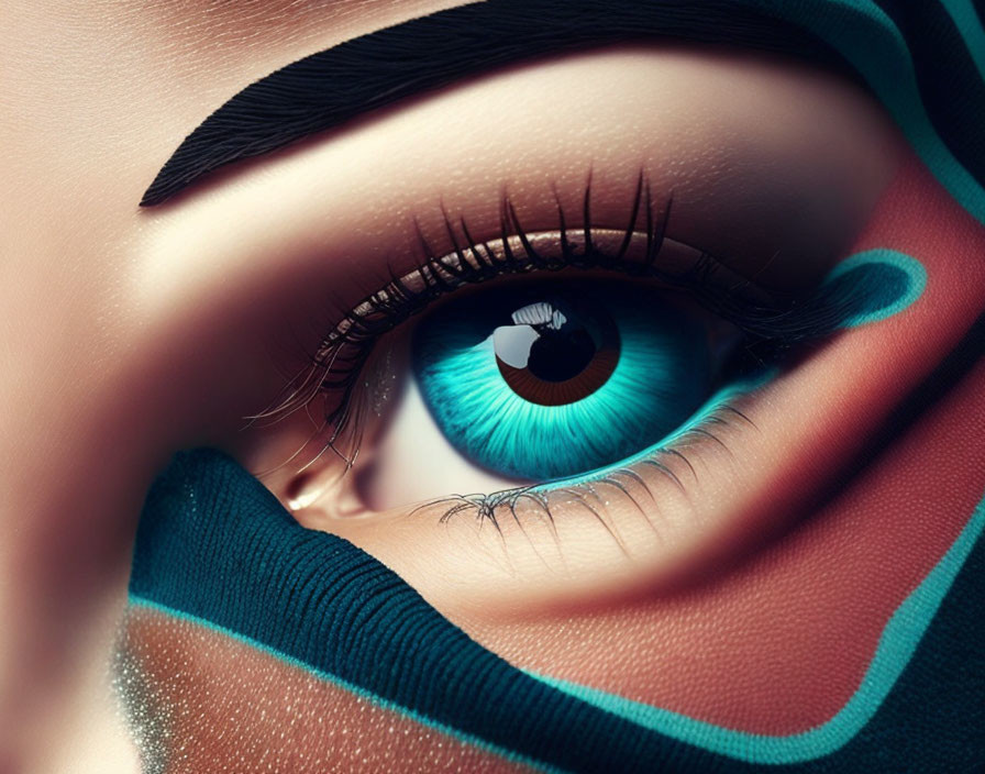 Vivid Blue Eye with Dramatic Eyeliner and Artistic Face Paint Details