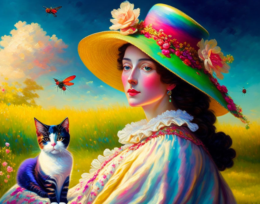 Woman in colorful hat and vintage dress with cat in flower field under vibrant sky.