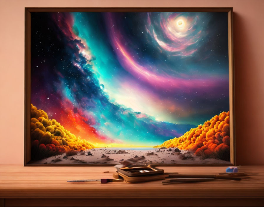 Colorful Cosmic Landscape Painting on Wooden Desk with Art Supplies