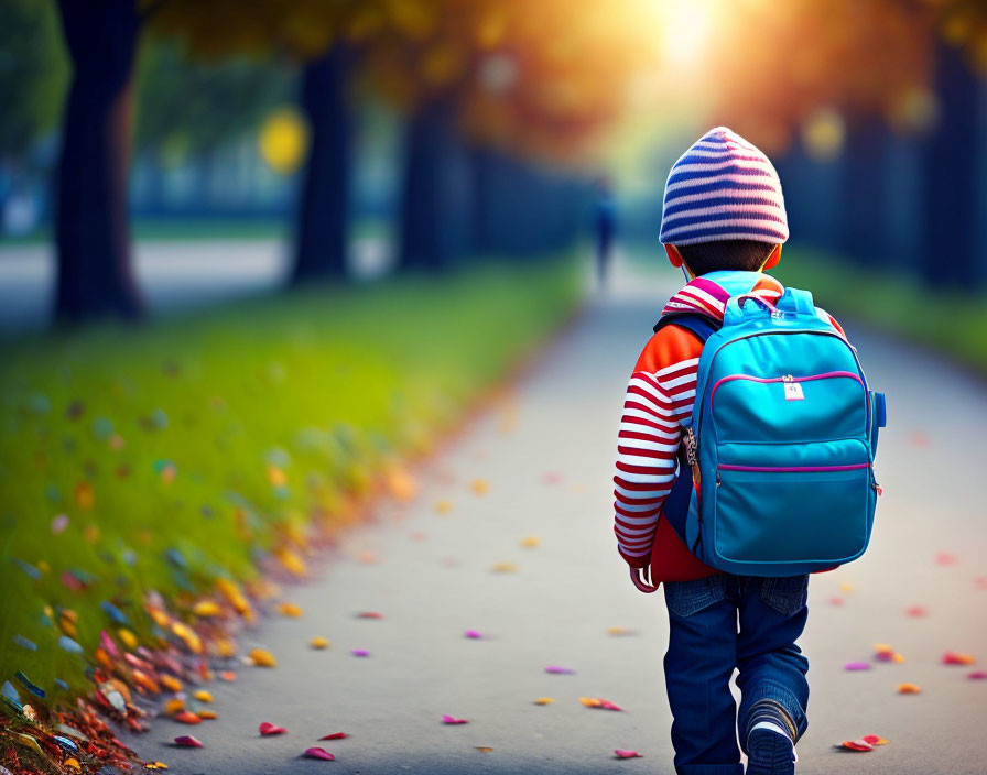 Child walking on sunlit pathway with autumn trees