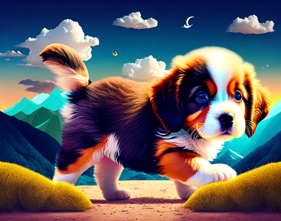 Stylized image of fluffy puppy on path with vibrant mountains at twilight