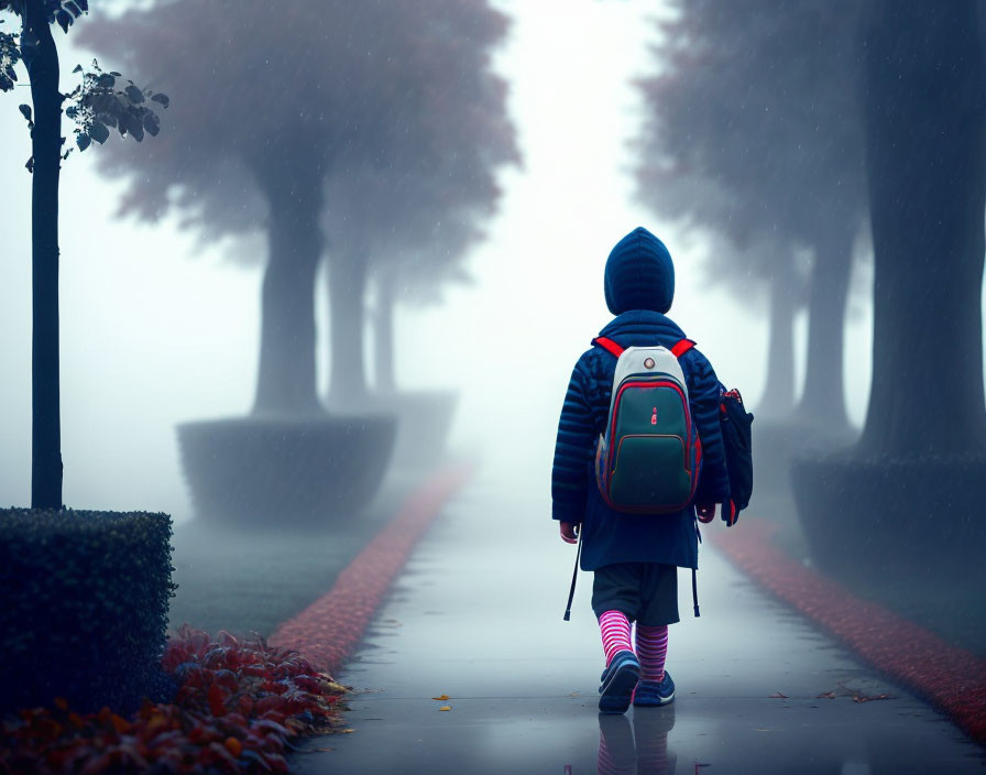 Child walking down foggy, tree-lined path with backpack