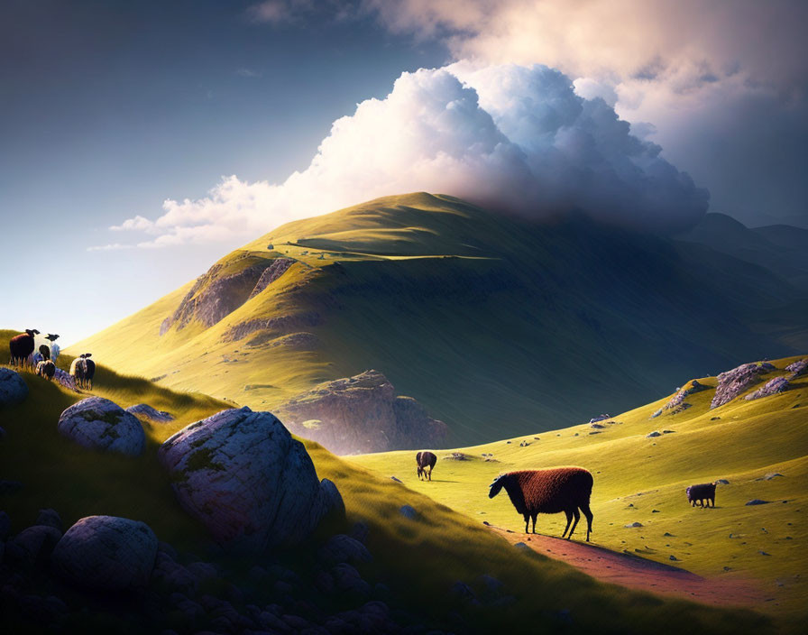 Scenic green hill with grazing sheep and dramatic sky