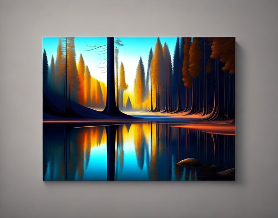 Serene forest painting with tall trees and tranquil lake at dusk or dawn