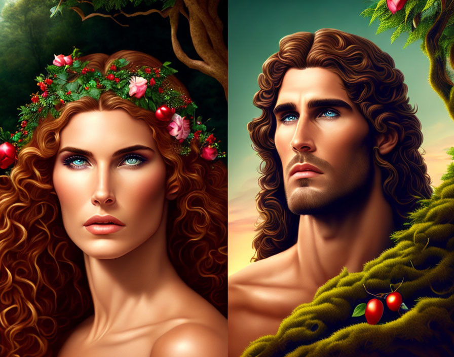 Dual split portraits: woman with floral crown & man with blue eyes, set against nature background, showcasing