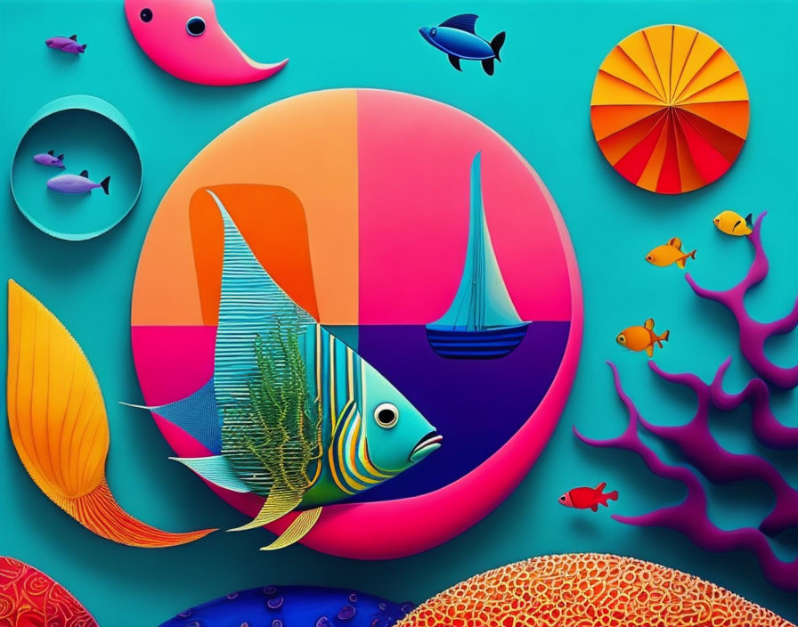 Vibrant marine life digital art with fish, coral, boat, and watermelons