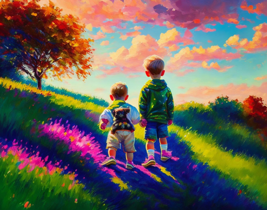 Children on grassy hill at sunset with vibrant sky and colorful foliage