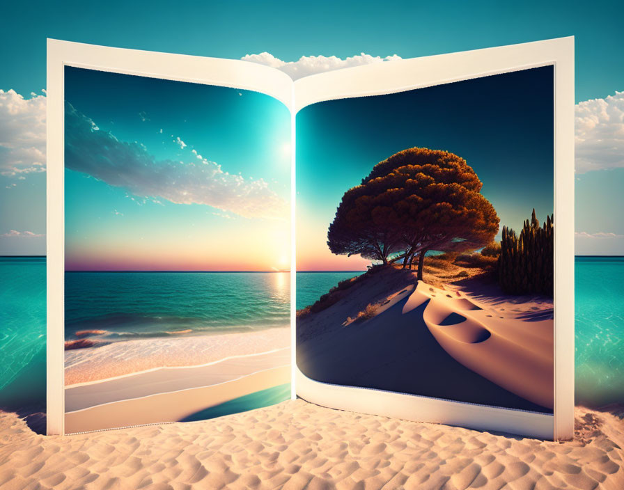 Realistic open book showcases vibrant coastal scene