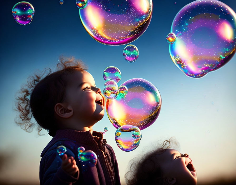 Children playing with iridescent soap bubbles at dusk sky