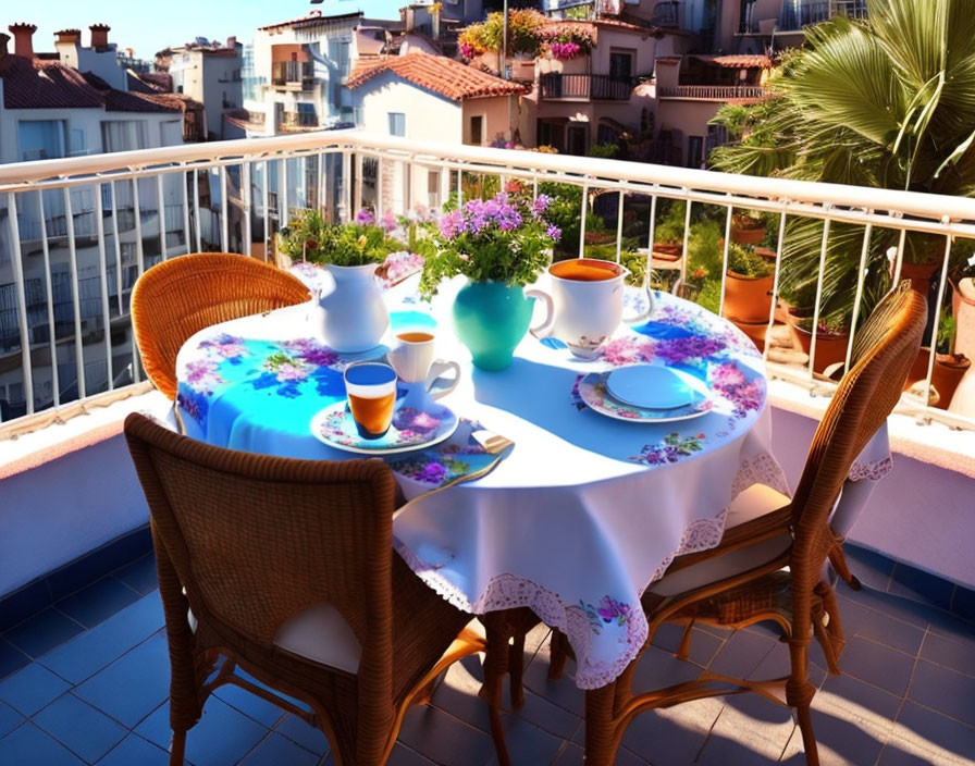 Sunny balcony tea set with floral tablecloth and cityscape view