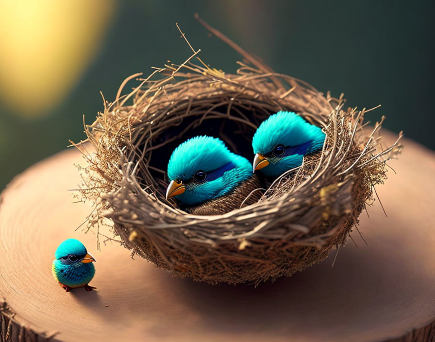 Three vibrant blue birds with orange beaks in a twig nest on wooden surface, against soft glowing backdrop