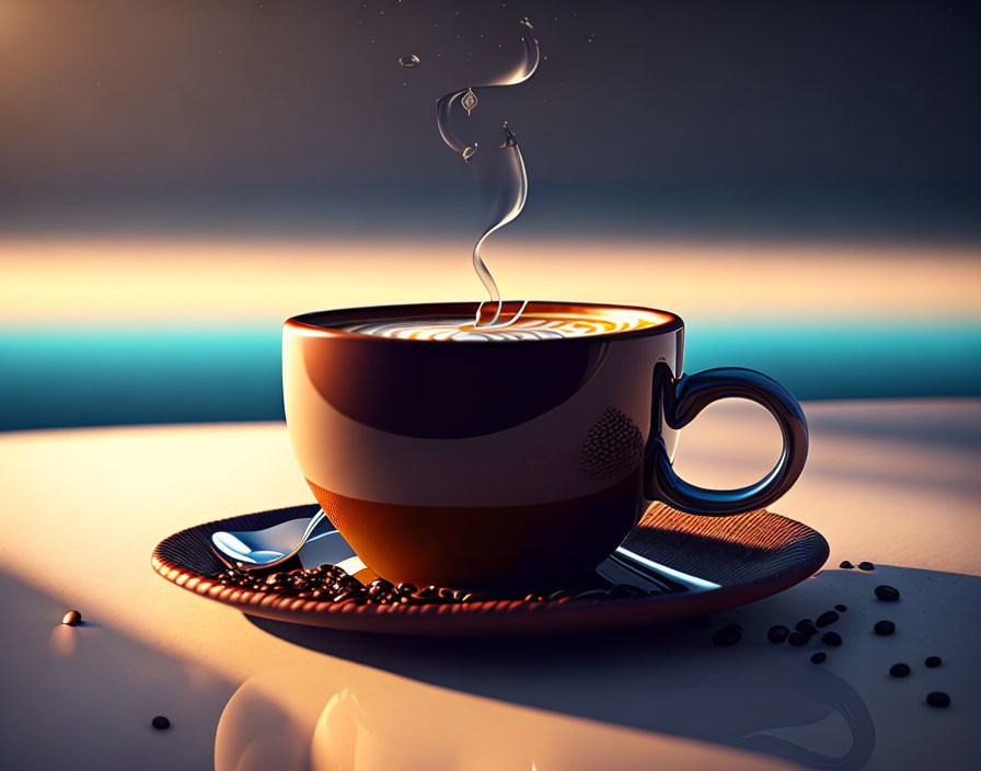 Steaming coffee cup with cream swirls and beans against dawn or dusk backdrop