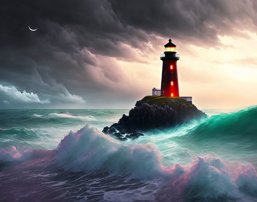 Lighthouse on rocky outcrop amid crashing waves and crescent moon