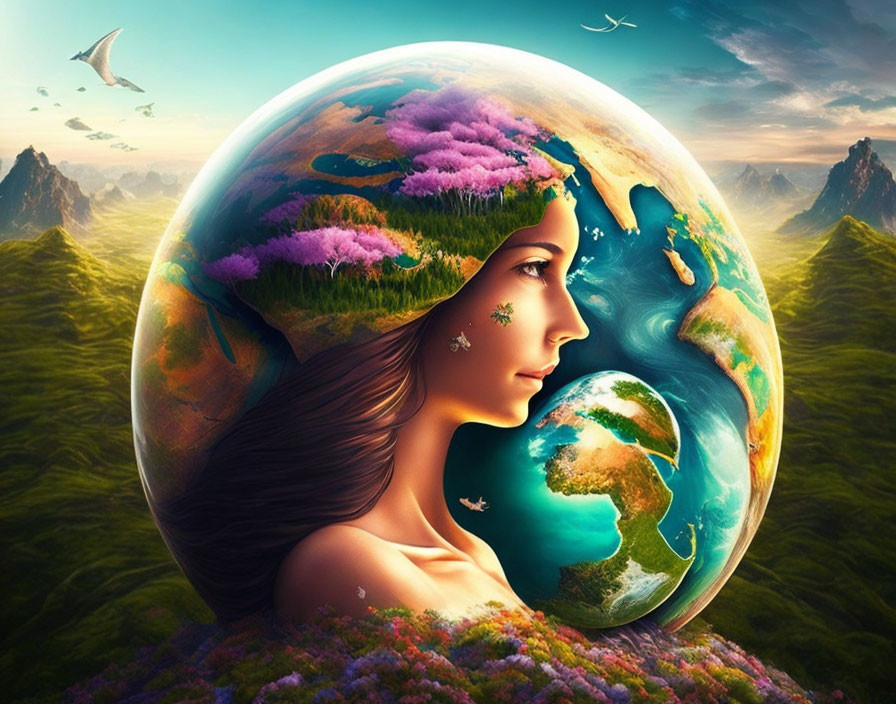 Surreal artwork featuring woman's face merging with Earth and lush landscapes