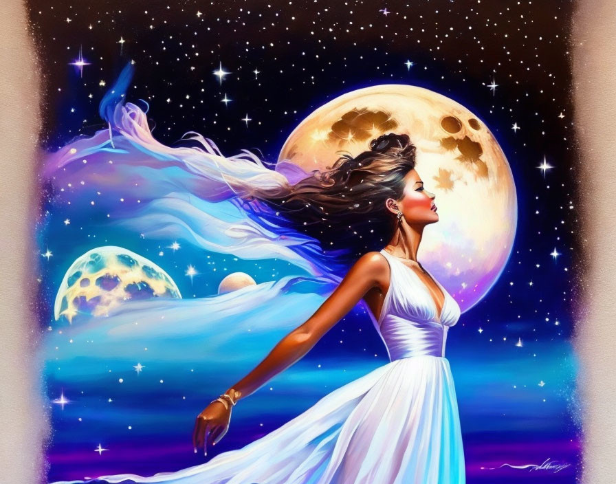 Woman in white dress with flowing hair on cosmic backdrop with moon and stars.