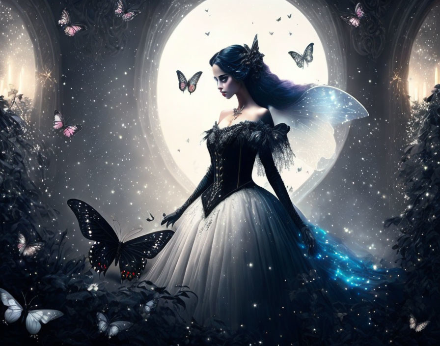 Gothic woman in celestial forest with glowing butterflies and full moon.