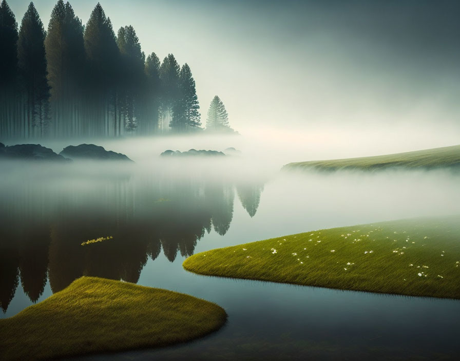 Mist-covered lake with trees, grass, and flowers