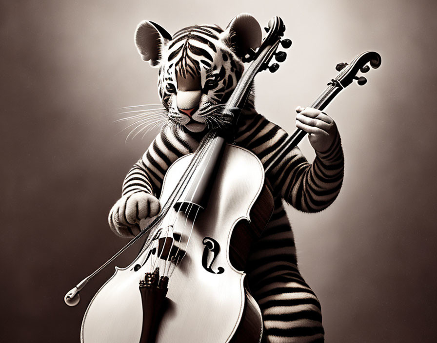 Anthropomorphic tiger playing cello on brown background