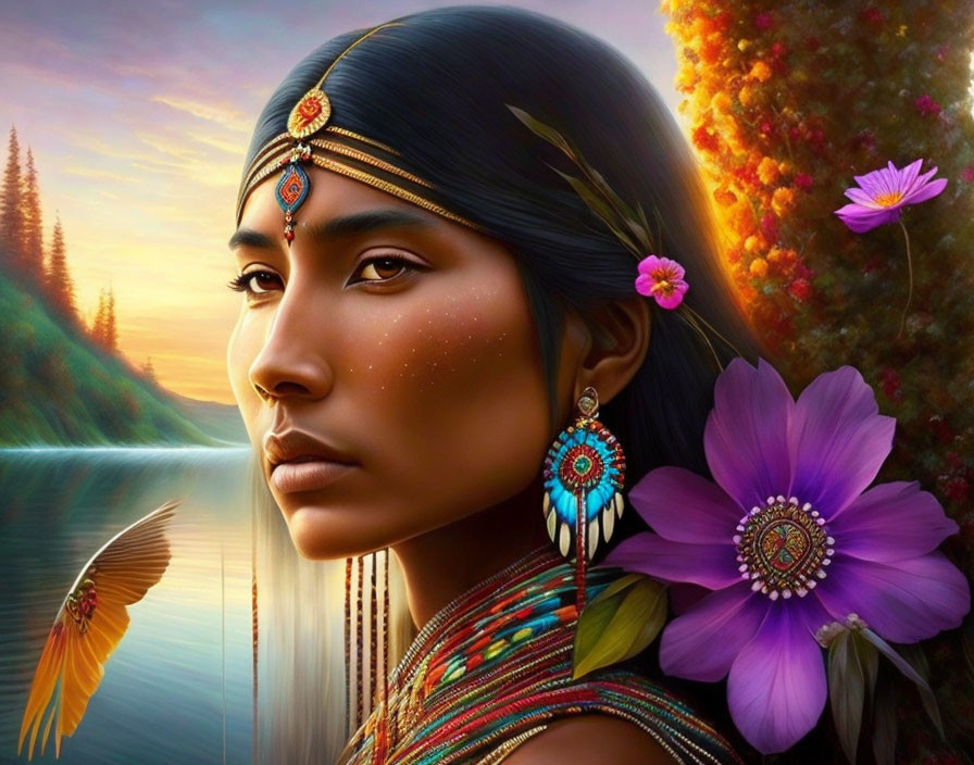 Digital painting of Indigenous woman by tranquil lake at sunset